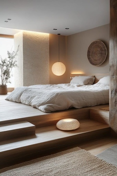 platform bed, wooden bed frame, low profile bed, bedroom furniture, minimalist bed, brand awareness, lifestyle, minimalist, calm, neutral, brown